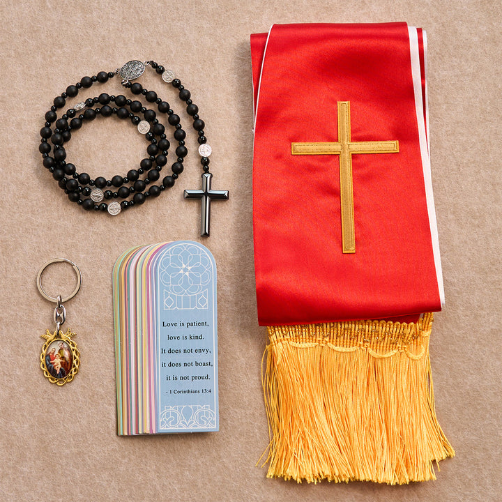 Christianartworkshop Set di benedizione con croce rossa dorata e rosario con Madonna e calcoli biliari: Vivi nell'amore - Rosario con croce e calcoli biliari - image 0