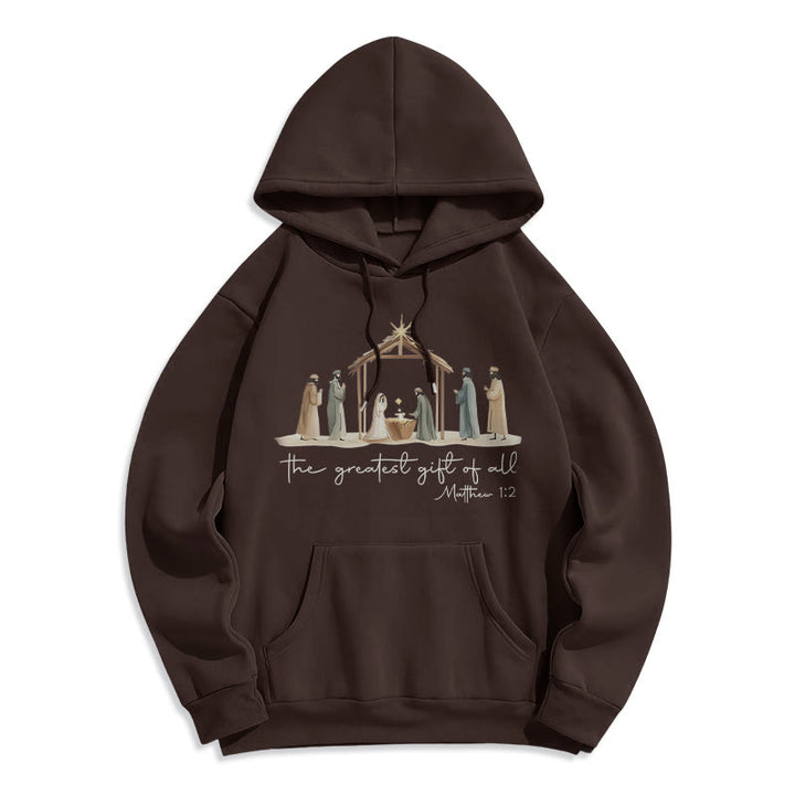 Christianartworkshop - Felpa con cappuccio in poliestere foderata in pile con scritta "Il dono più grande della Natività" - Marrone - 2XL - image 4