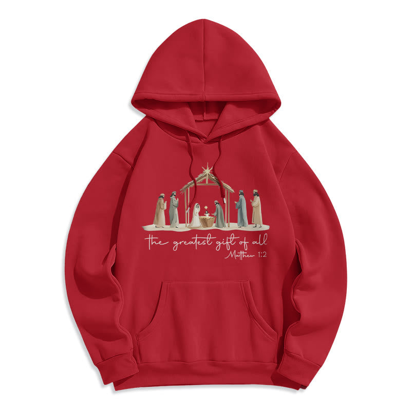 Christianartworkshop - Felpa con cappuccio in poliestere foderata in pile con scritta "Il dono più grande della Natività" - Rosso - 2XL - image 7