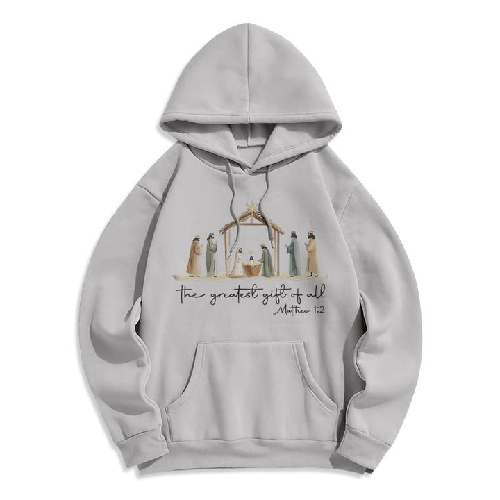 Christianartworkshop - Felpa con cappuccio in poliestere foderata in pile con scritta "Il dono più grande della Natività" - Grigio - 2XL - image 3