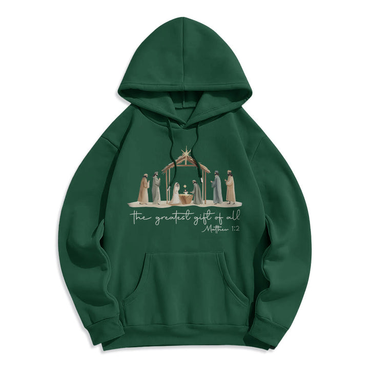 Christianartworkshop - Felpa con cappuccio in poliestere foderata in pile con scritta "Il dono più grande della Natività" - Verde - 2XL - image 0