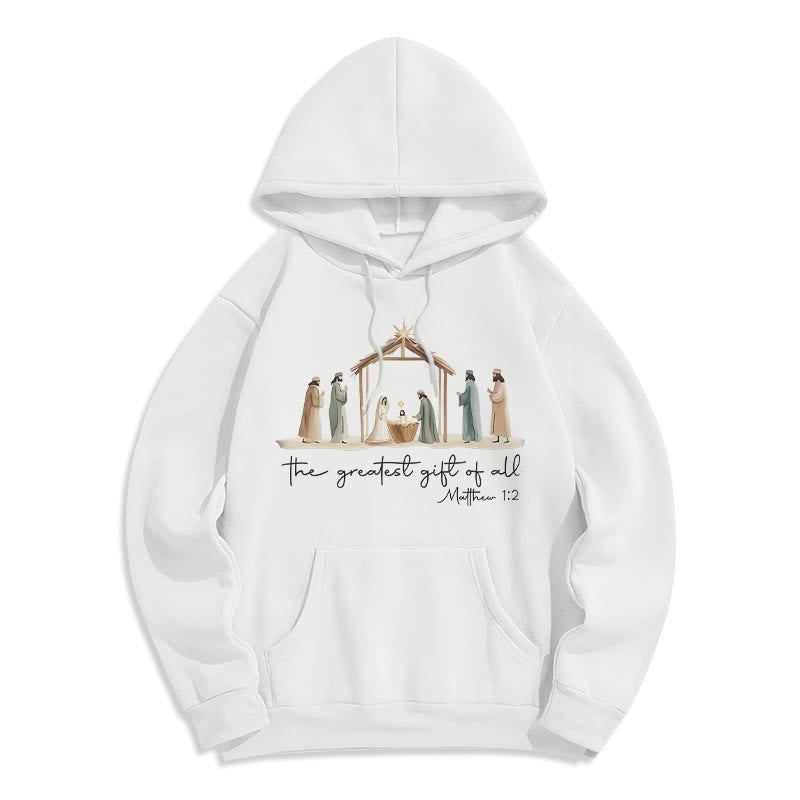 Christianartworkshop - Felpa con cappuccio in poliestere foderata in pile con scritta "Il dono più grande della Natività" - Bianco - 2XL - image 1