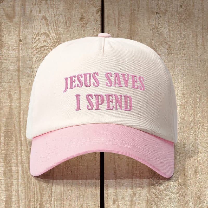 Christianartworkshop Jesus Saves I Spend - Cappello a blocchi di colore: umorismo fedele da indossare tutti i giorni - Beige con rosa - image 0