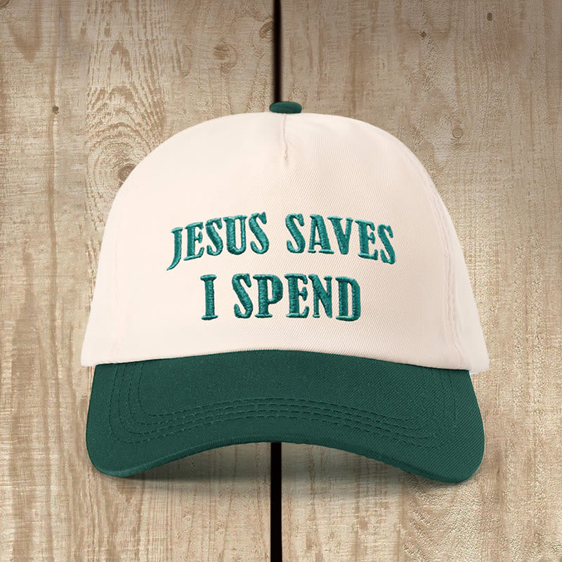Christianartworkshop Jesus Saves I Spend - Cappello a blocchi di colore: umorismo fedele da indossare tutti i giorni - Beige con verde - image 1