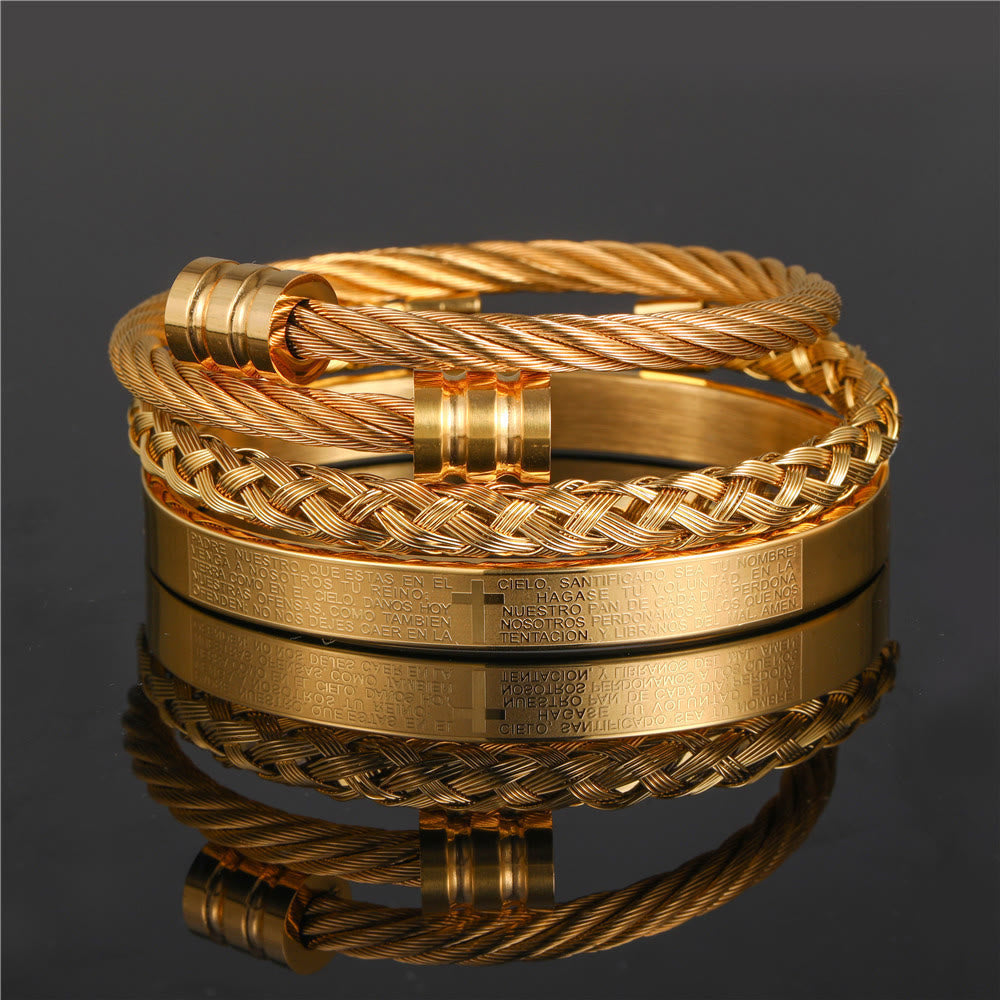 Braccialetto minimalista a strati con croce a spirale e preghiera del Signore di Christianartworkshop - Dorato - B - image 1