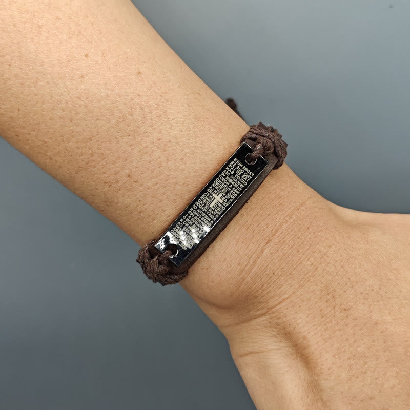 Christianartworkshop Braccialetto regolabile con croce in stile rustico in pelle e preghiera del Signore in 2 colori - image 1