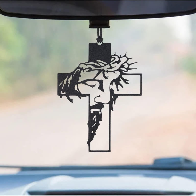 Christianartworkshop Ciondolo per auto con croce e corona di spine di Gesù, compagno di viaggio - GESÙ con la spina - image 1