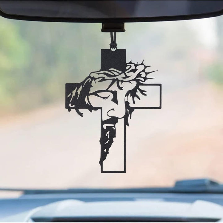 Christianartworkshop Ciondolo per auto con croce e corona di spine di Gesù, compagno di viaggio - GESÙ con la spina - image 1
