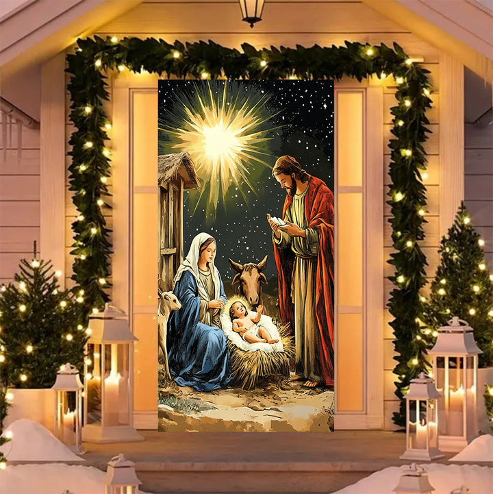 Tenda per porta con Natività illuminata dalle stelle di Christianartworkshop: bagliore di fede natalizia e fascino festivo - image 3