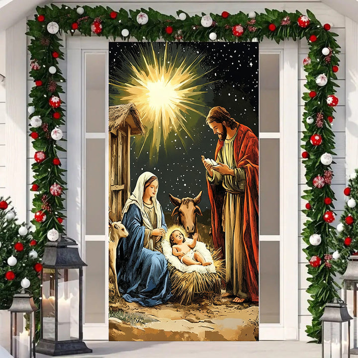 Tenda per porta con Natività illuminata dalle stelle di Christianartworkshop: bagliore di fede natalizia e fascino festivo - image 2