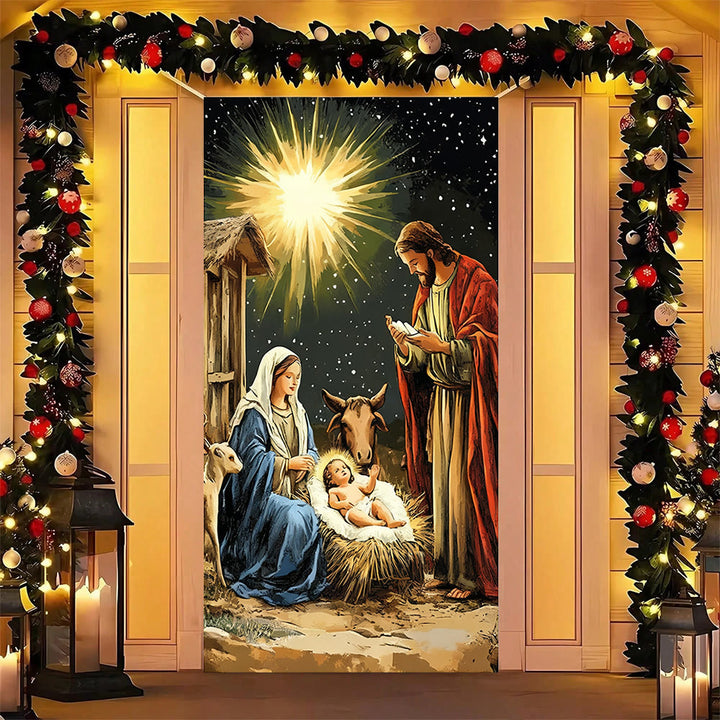 Tenda per porta con Natività illuminata dalle stelle di Christianartworkshop: bagliore di fede natalizia e fascino festivo - image 4