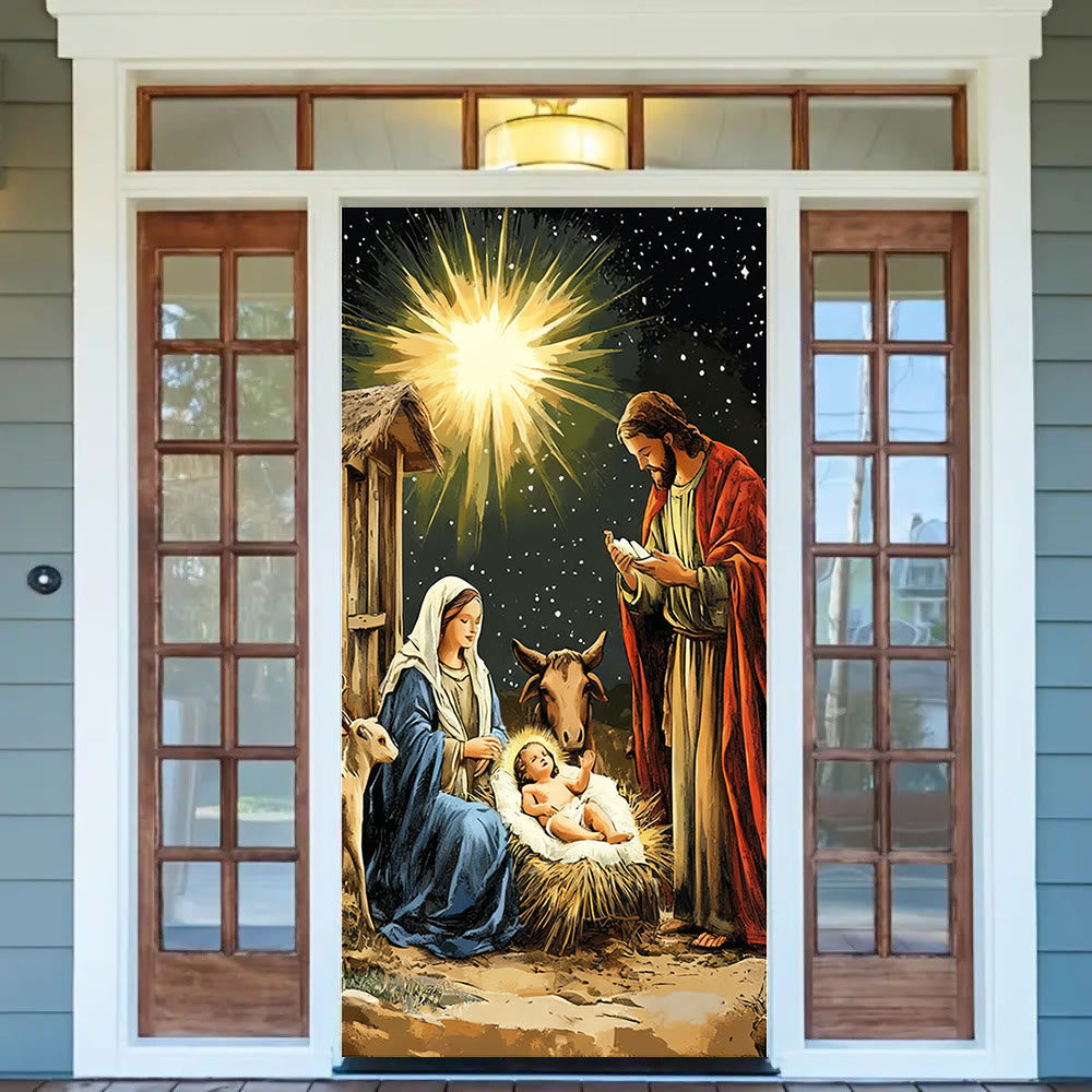 Tenda per porta con Natività illuminata dalle stelle di Christianartworkshop: bagliore di fede natalizia e fascino festivo - image 1