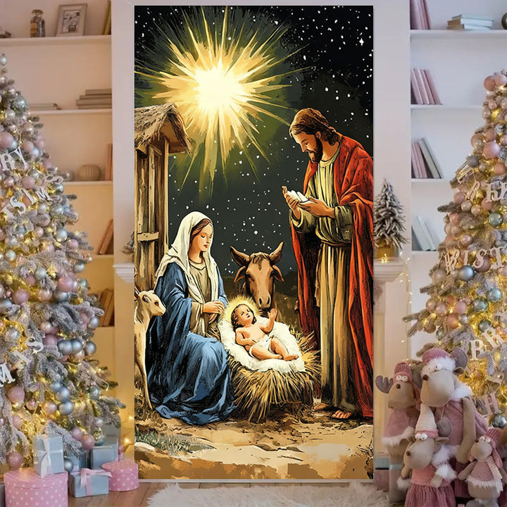 Tenda per porta con Natività illuminata dalle stelle di Christianartworkshop: bagliore di fede natalizia e fascino festivo - 36''*80''/91cm*203cm - image 0