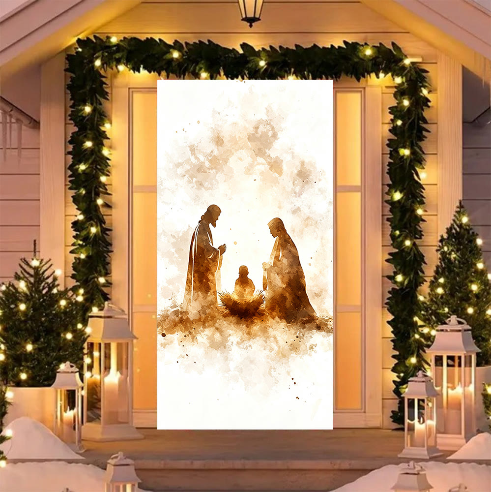 Tenda per porta con silhouette della Natività in acquerello di Christianartworkshop: fede natalizia e fascino sereno - image 4