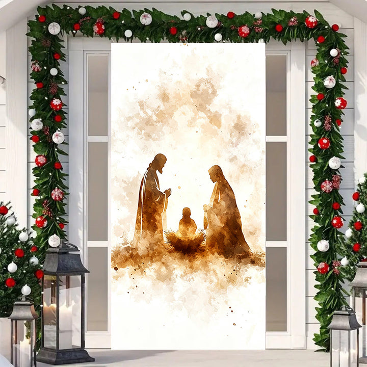 Tenda per porta con silhouette della Natività in acquerello di Christianartworkshop: fede natalizia e fascino sereno - image 3