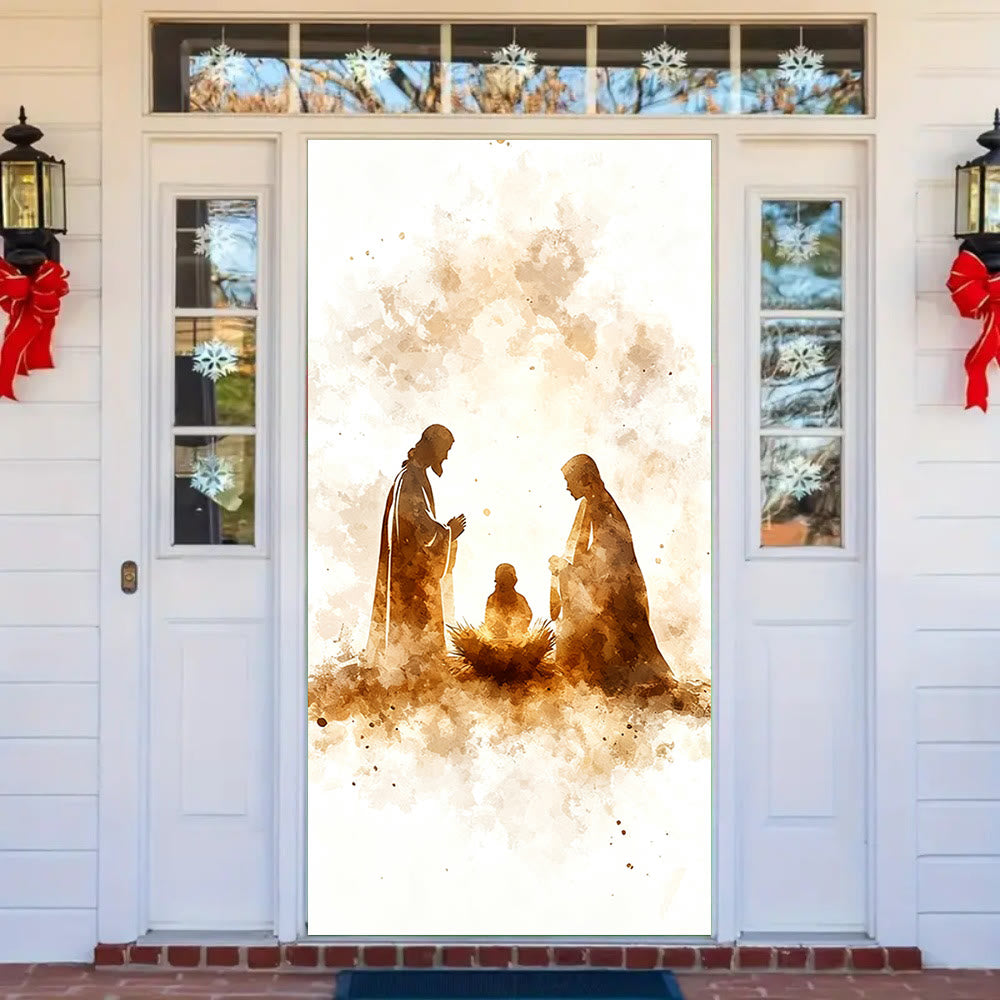 Tenda per porta con silhouette della Natività in acquerello di Christianartworkshop: fede natalizia e fascino sereno - image 2