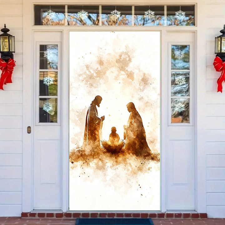 Tenda per porta con silhouette della Natività in acquerello di Christianartworkshop: fede natalizia e fascino sereno - image 2