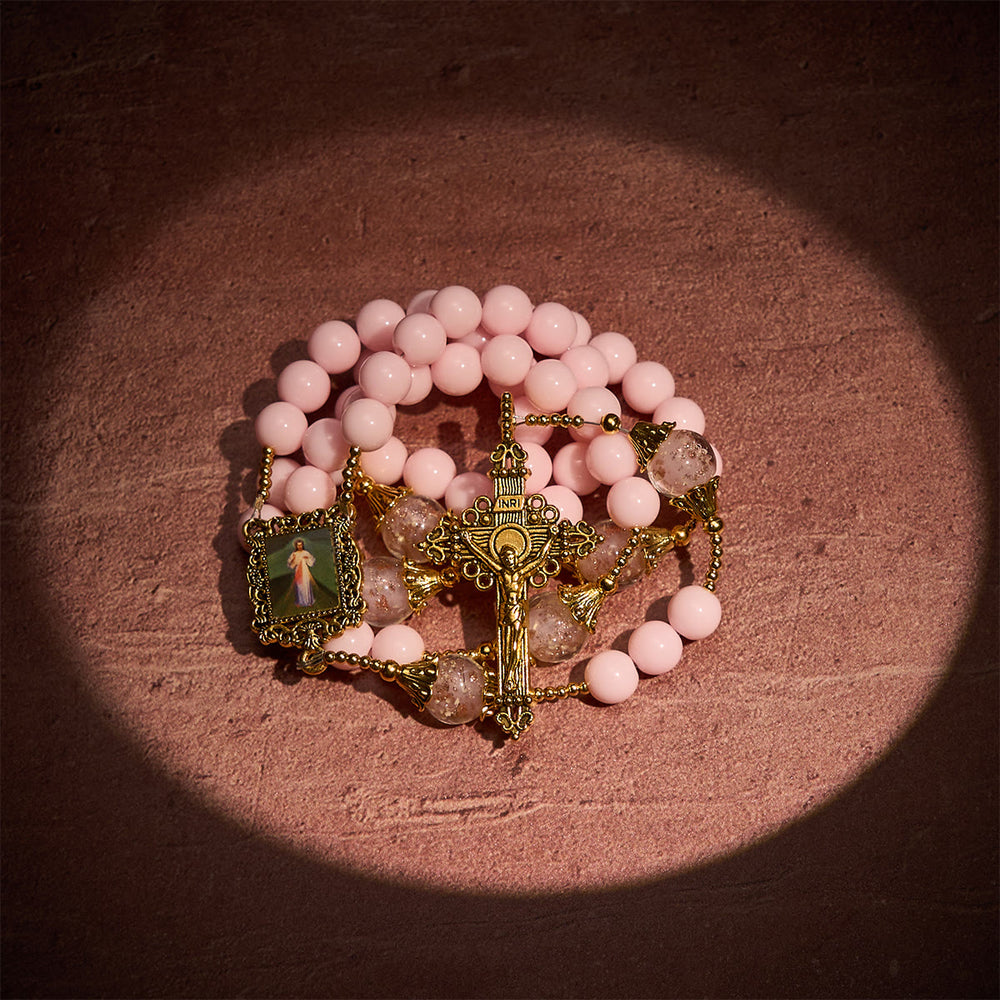Christianartworkshop Elegante rosario fedele con perline rosa e Divina Misericordia per conforto spirituale - image 1
