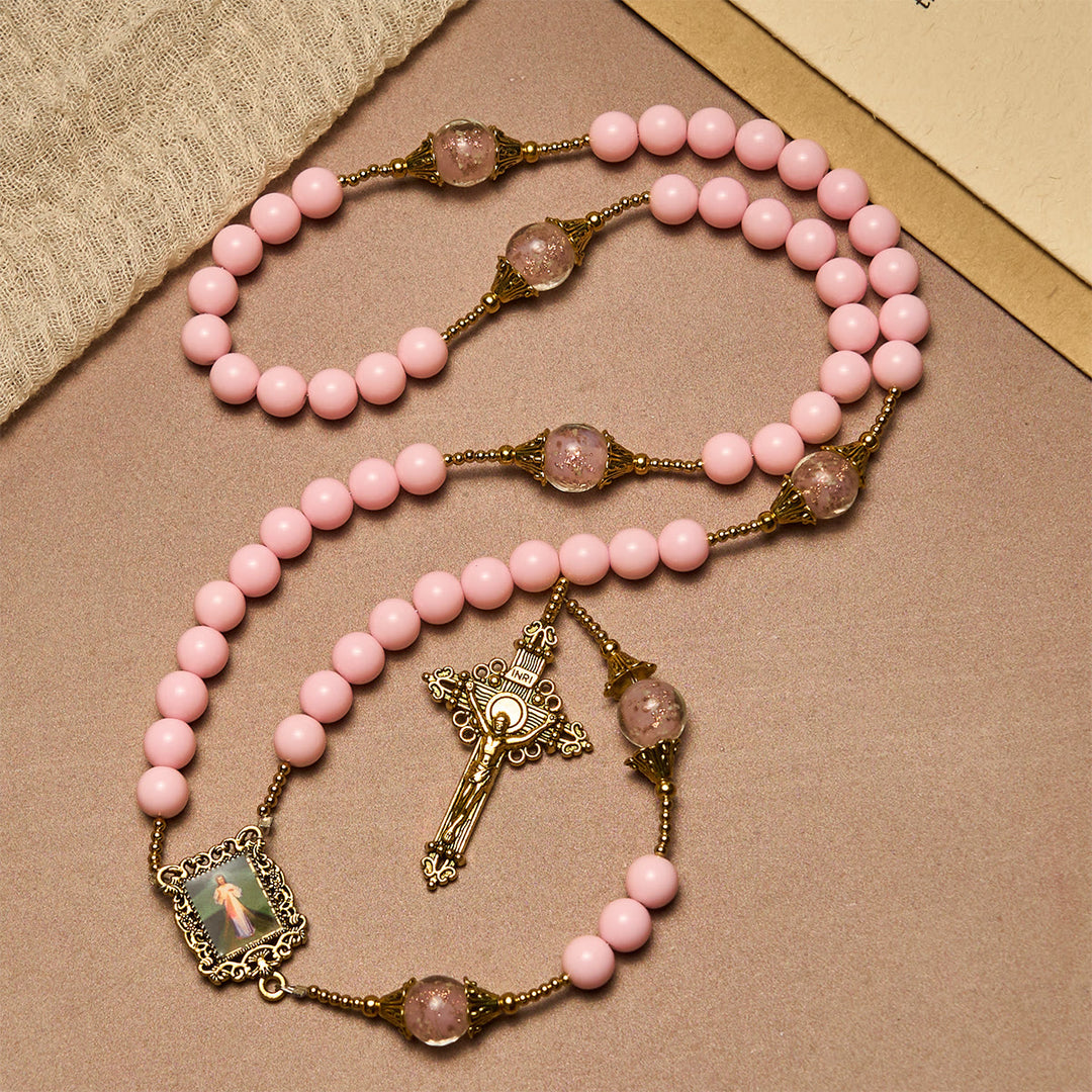 Christianartworkshop Elegante rosario fedele con perline rosa e Divina Misericordia per conforto spirituale - image 3