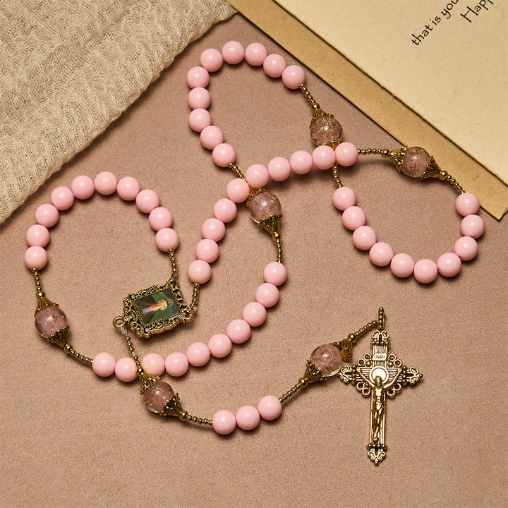 Christianartworkshop Elegante rosario fedele con perline rosa e Divina Misericordia per conforto spirituale - image 4
