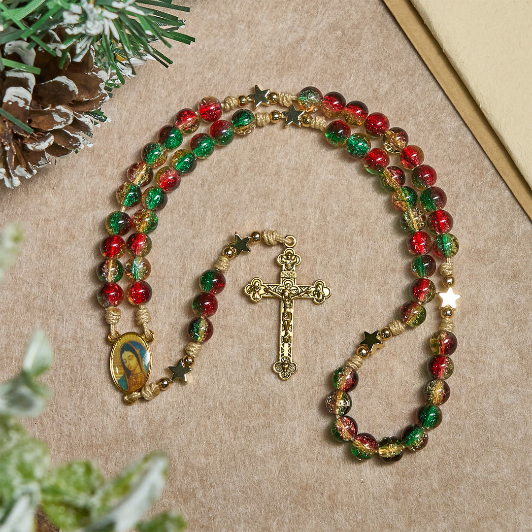 Christianartworkshop Regalo di Natale: Rosario di perle di vetro natalizio: Medaglia della Madonna di Guadalupe e Crocifisso dorato - image 8