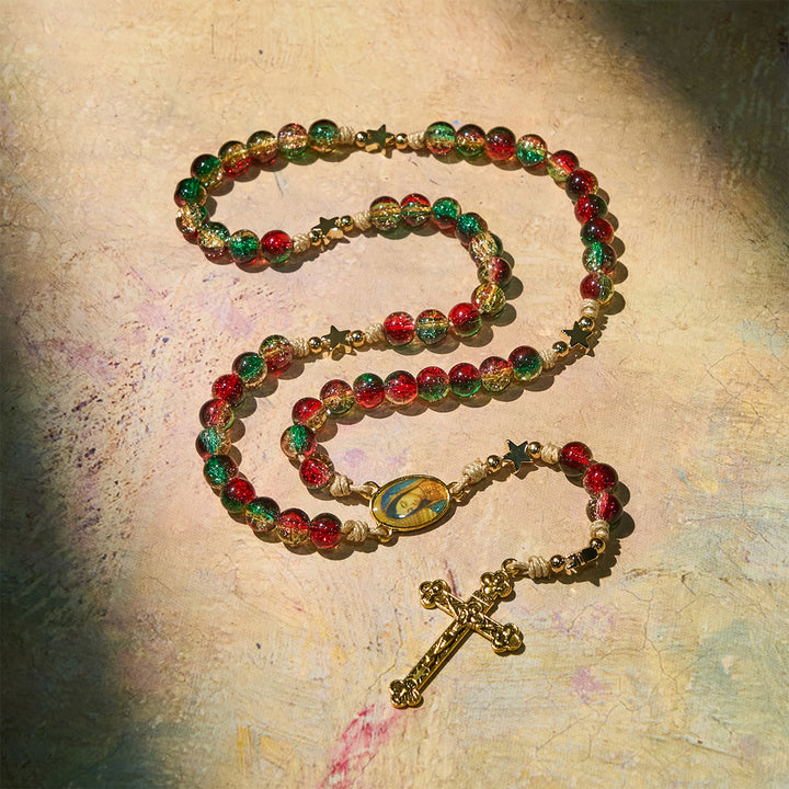 Christianartworkshop Rosario di perle di vetro di Natale: medaglia della Madonna di Guadalupe e crocifisso dorato - image 2