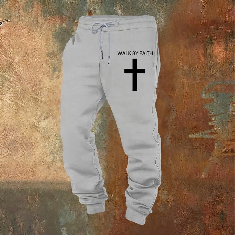Pantaloni della tuta Walk by Faith di Christianartworkshop Revival Streetwear: croce sulla gamba laterale - Grigio chiaro - 2XL - image 9