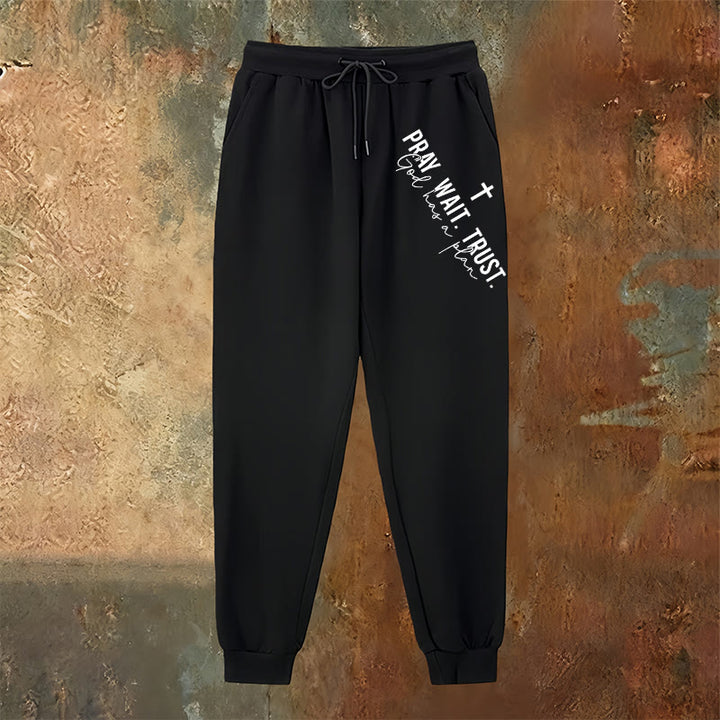 Pantaloni della tuta con dichiarazione di fede "Prega, aspetta e fidati" Christianartworkshop : mantra di fede laterale sui fianchi - image 2