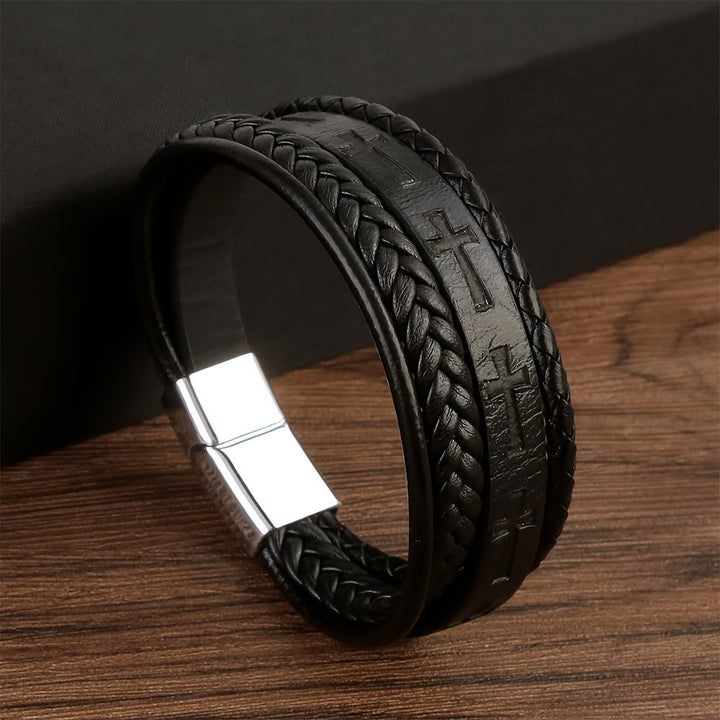 Bracciale con croce in pelle intrecciata Christianartworkshop : una dichiarazione di fede robusta per la devozione quotidiana - Nero - image 3