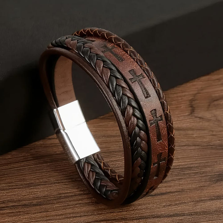 Bracciale con croce in pelle intrecciata Christianartworkshop : una dichiarazione di fede robusta per la devozione quotidiana - Marrone - image 0