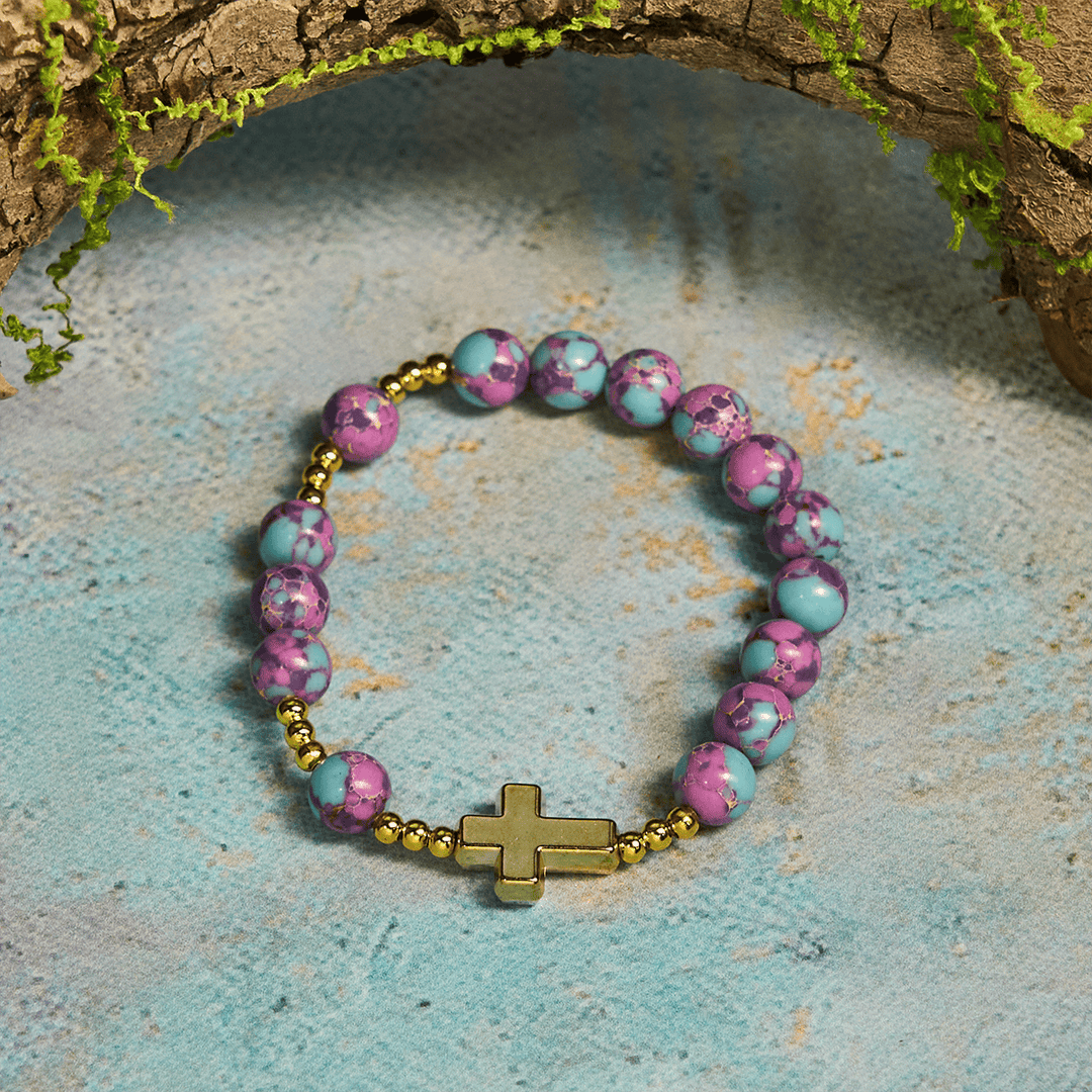 Christianartworkshop Bracciale Mariano in Pietra Imperiale Viola con Croce Dorata: Devozione con Stile - Circonferenza del polso: 5,51"-6,69"/14-17 cm - image 0