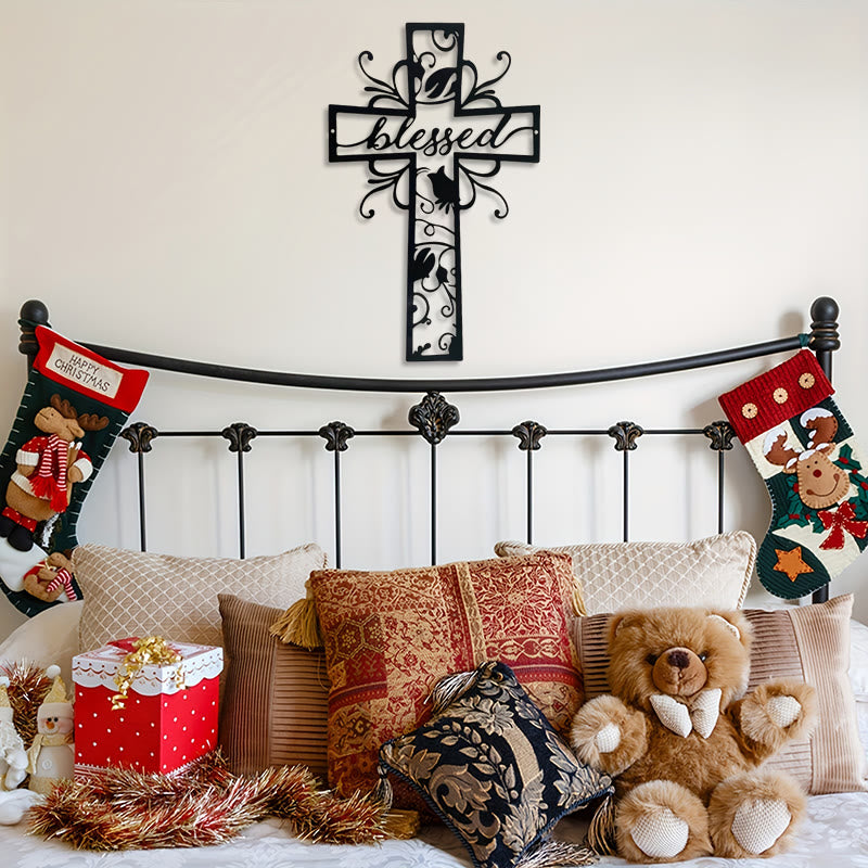 Christianartworkshop Decorazione da parete in metallo a forma di croce benedetta: motivo floreale per case piene di benedizioni - image 1