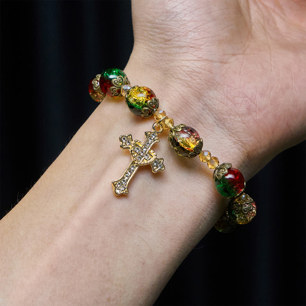 Christianartworkshop Regalo di Natale: Braccialetto di perline di vetro rosso-verde-oro Christmas Glory: Fede che risplende - image 1