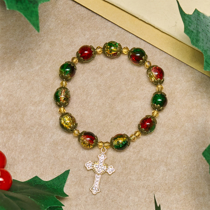 Christianartworkshop Regalo di Natale: Braccialetto di perline di vetro rosso-verde-oro Christmas Glory: Fede che risplende - image 3