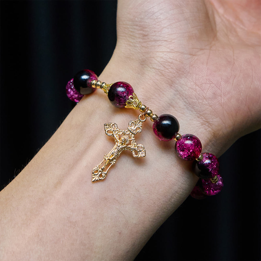 Christianartworkshop Bracciale con perline di vetro nero-rosa Grace and Strength e croce dorata - image 1