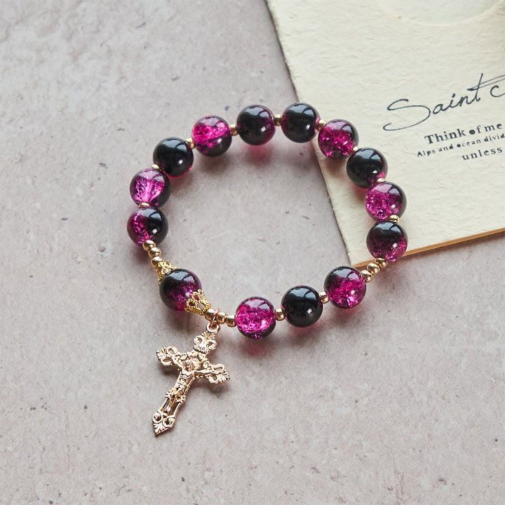 Christianartworkshop Bracciale con perline di vetro nero-rosa Grace and Strength e croce dorata - image 3