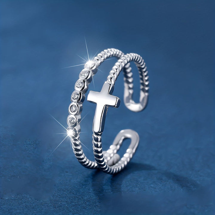 Anello con croce a doppia fascia Christianartworkshop: scintillante zircone e devozione alla fede per l'uso quotidiano - Regolabile - image 0