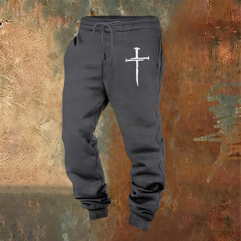 Pantaloni della tuta con croce e spada di Christianartworkshop: fede elegante per i momenti quotidiani - Grigio caldo - 2XL - image 0
