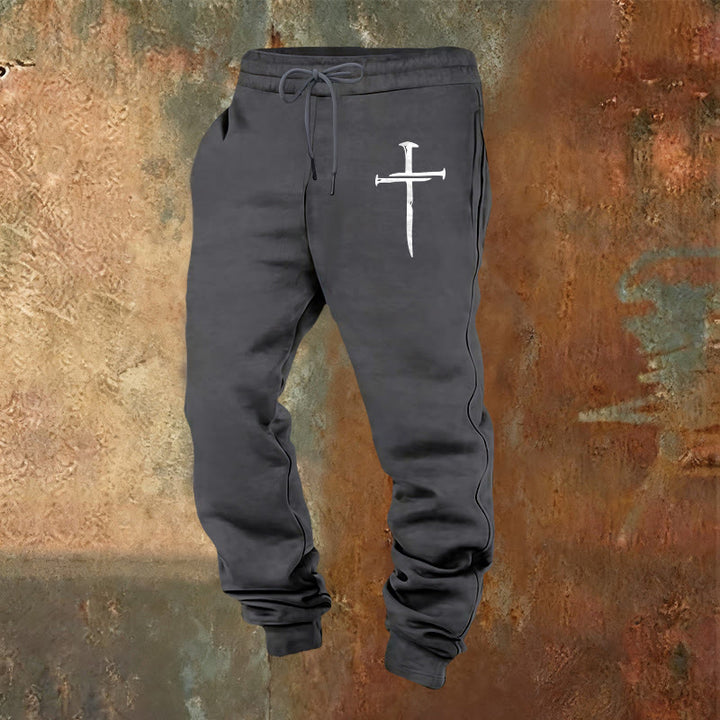 Pantaloni della tuta con croce e spada di Christianartworkshop: fede elegante per i momenti quotidiani - Grigio caldo - 2XL - image 0