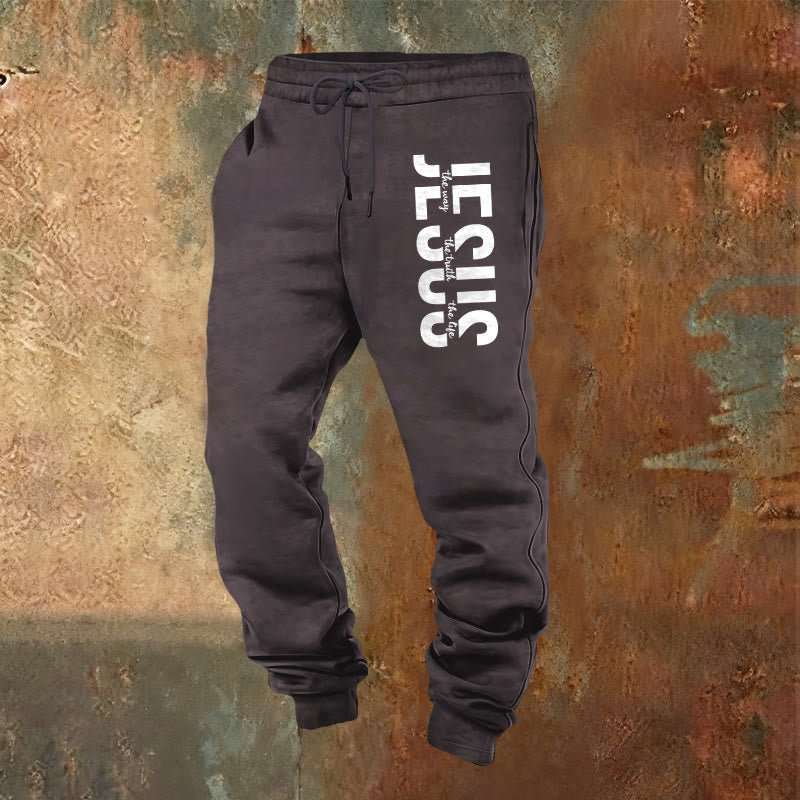 Pantaloni della tuta con scritta di Gesù a strati di Christianartworkshop: abbigliamento quotidiano con identità devozionale - Grigio scuro - 2XL - image 0