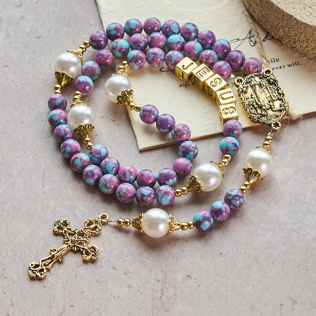 Christianartworkshop Rosario personalizzato Royal Faith Purple Emperor Stone con lettera personalizzata GESÙ - GESÙ (Nessuna consuetudine) - image 0