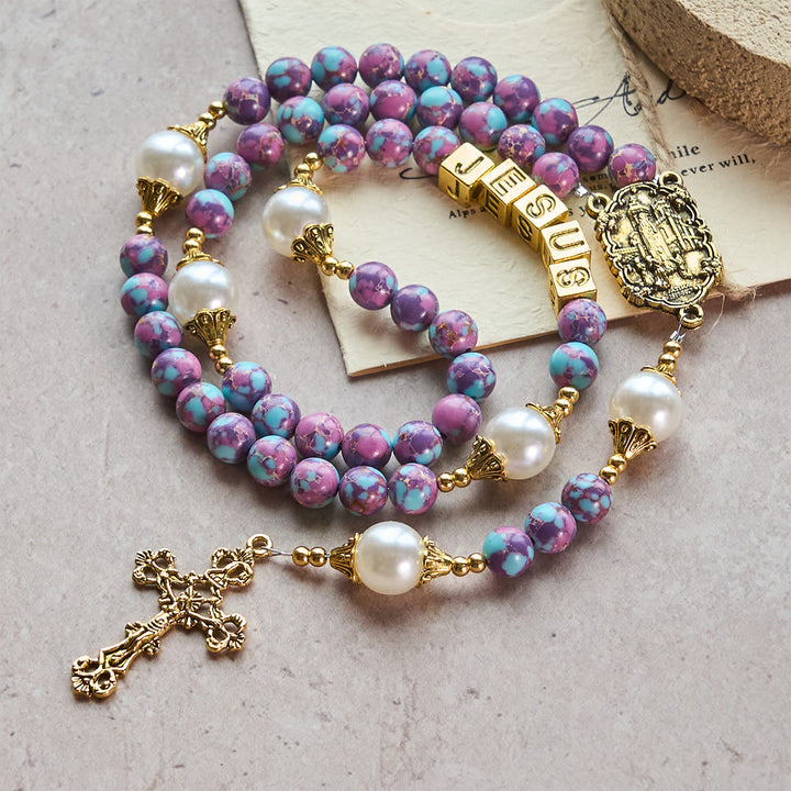 Christianartworkshop Rosario personalizzato Royal Faith Purple Emperor Stone con lettera personalizzata GESÙ - GESÙ (Nessuna consuetudine) - image 0