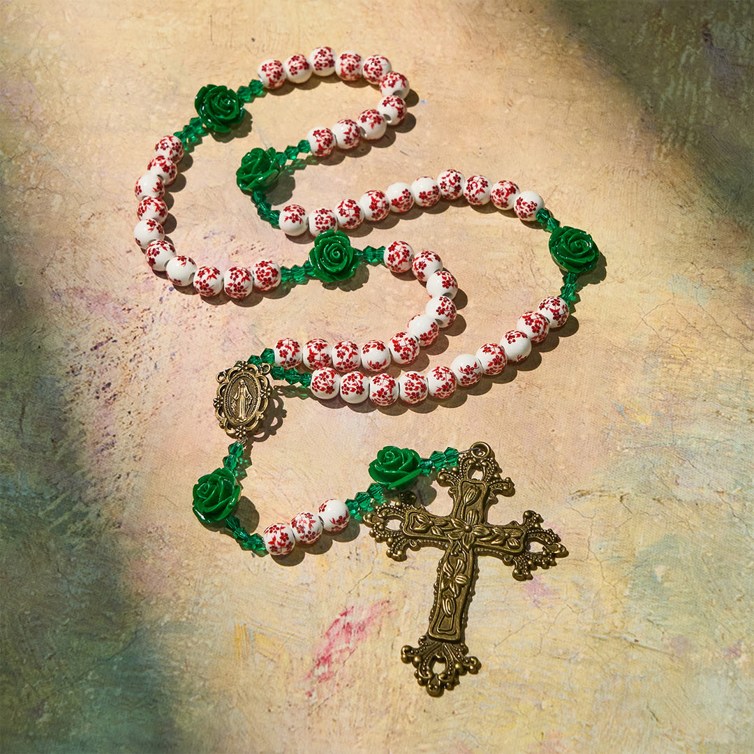 Christianartworkshop Rosario in ceramica con perline floreali rosse e rosa verde: Il giardino dell'amore di Maria - image 6