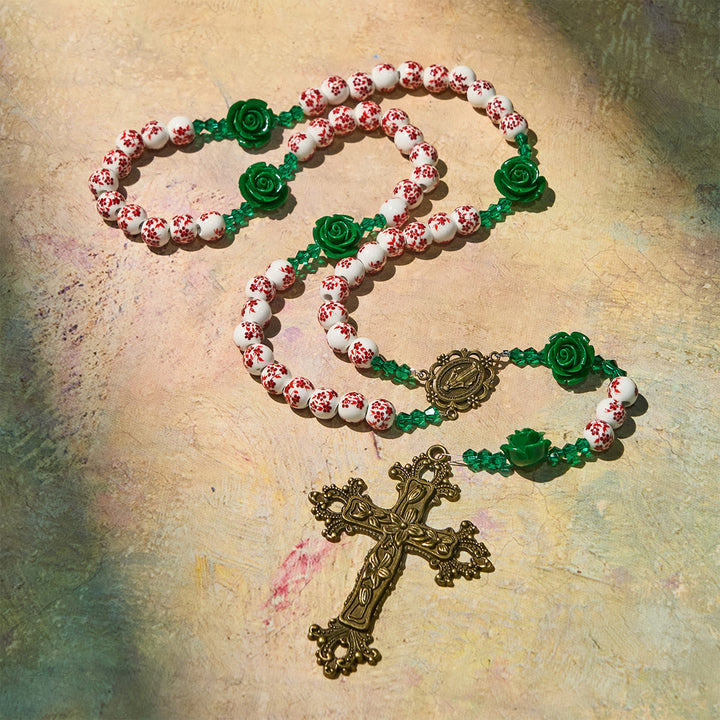 Christianartworkshop Regalo di Natale: Rosario con perline in ceramica floreale rossa e rosa verde: Il giardino dell'amore di Maria - image 11