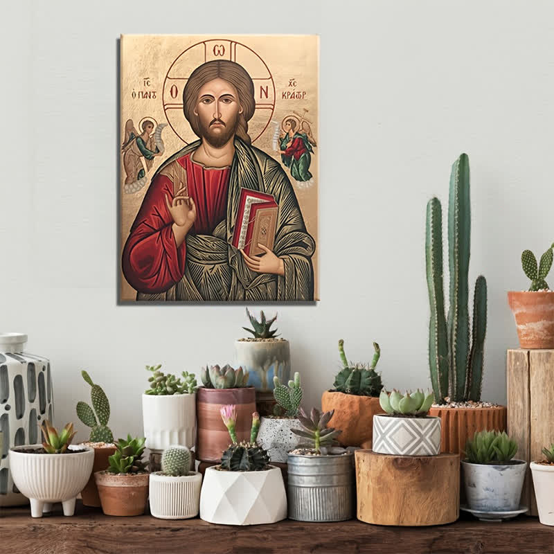 Stampe artistiche del Cristo Pantocratore di Christianartworkshop: riflessione sacra per angoli di preghiera - Dipinto su tela incorniciato - 11,81''*15,75''0,71"/30*40*1,8 cm - image 0