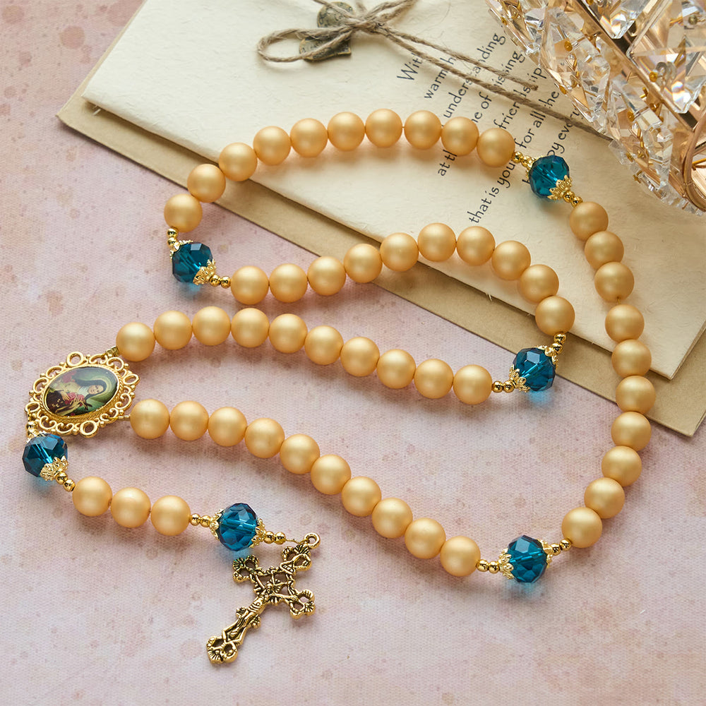 Christianartworkshop Elegante rosario in perle dorate opache con Santa Teresa e Crocifisso - image 1