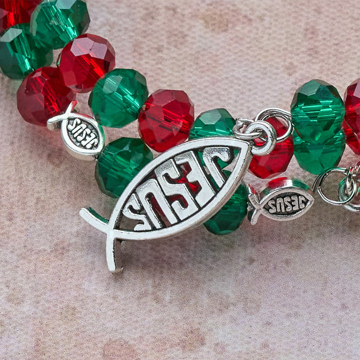 Christianartworkshop Bracciale rosario Faith in filo di memoria rosso e verde con pesce e crocifisso di GESÙ - image 3