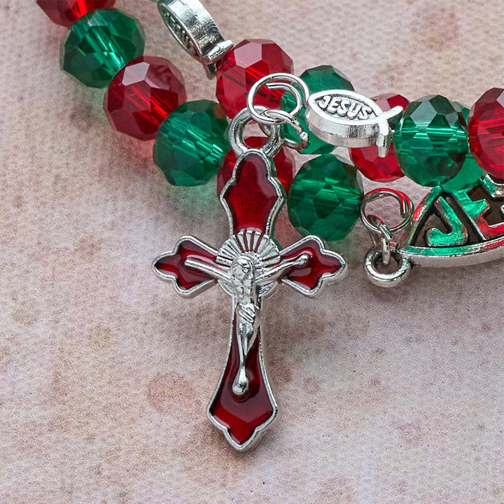 Christianartworkshop Bracciale rosario Faith in filo di memoria rosso e verde con pesce e crocifisso di GESÙ - image 4