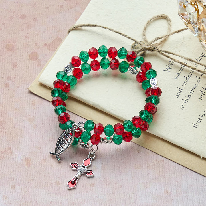 Christianartworkshop Bracciale rosario Faith in filo di memoria rosso e verde con pesce e crocifisso di GESÙ - Circonferenza del polso: 7,09"-9,06"/18-23 cm - image 0