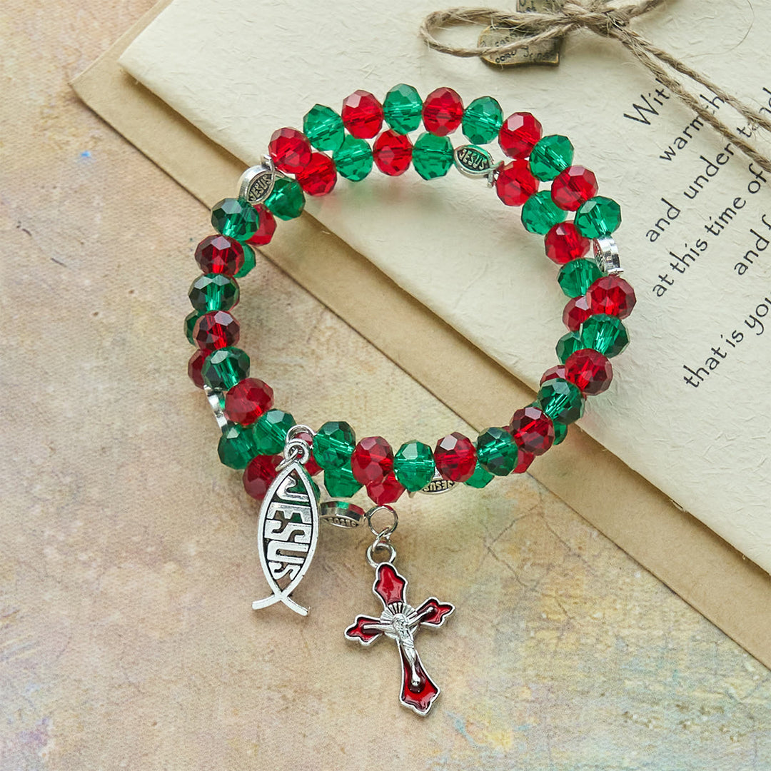 Christianartworkshop Bracciale rosario Faith in filo di memoria rosso e verde con pesce e crocifisso di GESÙ - image 2